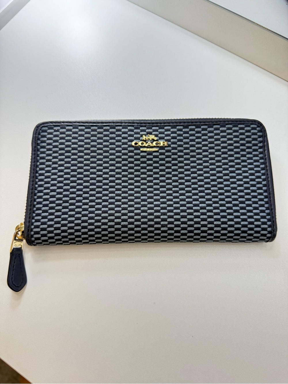 Coach Black and Gray Signature Zip Wallet with Gold Logo